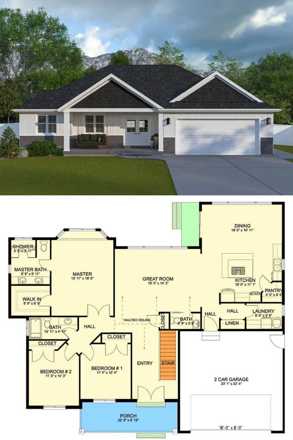This traditional ranch-style home features a charming exterior with a welcoming front porch under a deep gabled roofline. The clean white facade is accented with vertical siding, dark roof shingles, and contrasting trim. Stone skirting around the base adds texture and a sense of grounded durability. The double front doors and symmetrical windows bring balance to the design, while a two-car garage with carriage-style paneling provides convenient access and visual appeal.