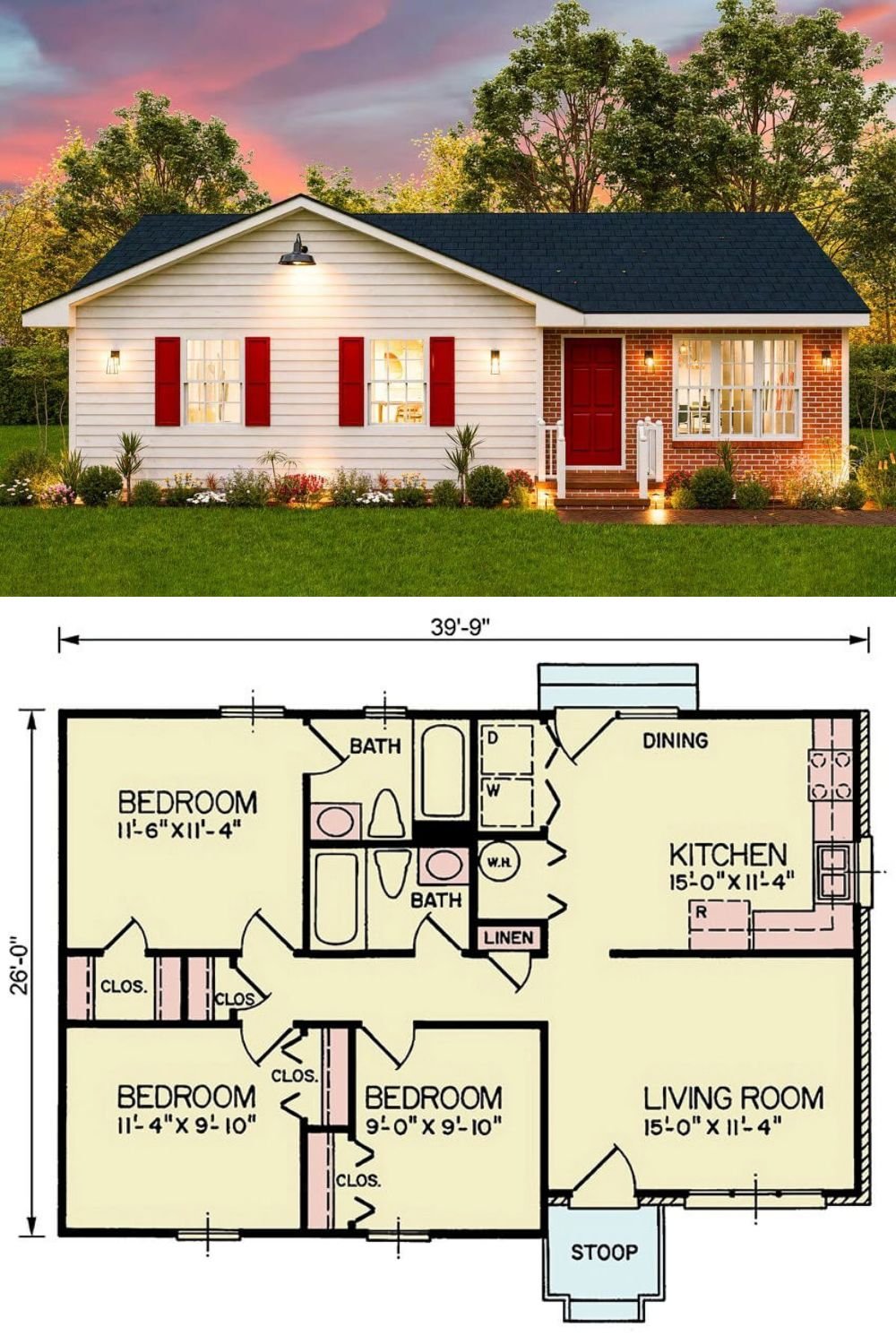 This charming traditional ranch home presents a timeless exterior with a warm, inviting ambiance. A gabled roofline anchors the home’s symmetrical façade, while the crisp white siding is complemented by bold red shutters and a matching front door. A portion of the front elevation is clad in brick, creating a visually appealing contrast that enhances the home's curb appeal.