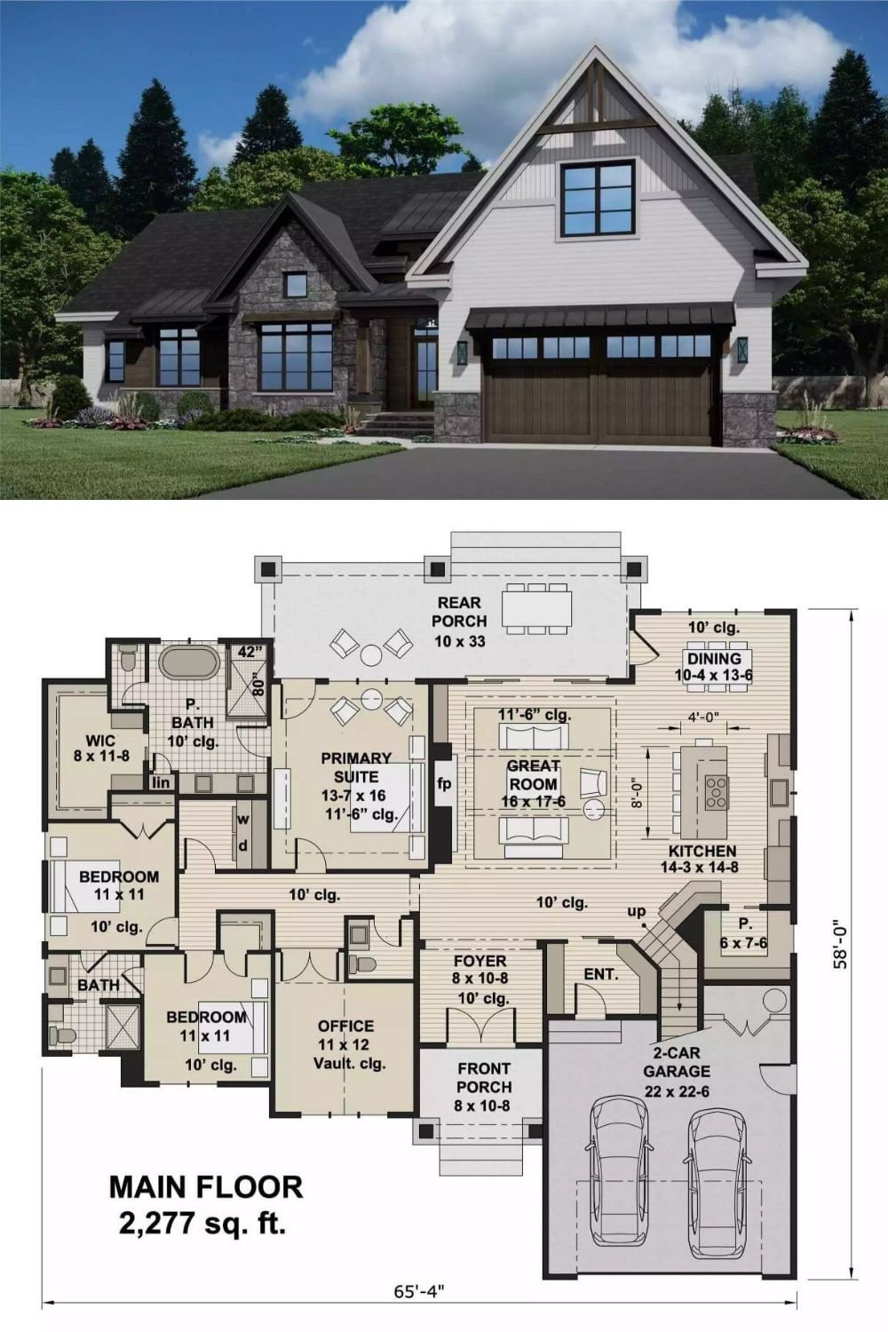 This modern farmhouse blends traditional elements with updated details, including a steep gabled roof, a mix of vertical siding and stonework, and black-trimmed windows. Wood accents on the garage doors and entry columns add warmth, while the contrasting textures create a visually balanced facade. A double garage anchors one side of the home, giving it a strong street presence and practical function.