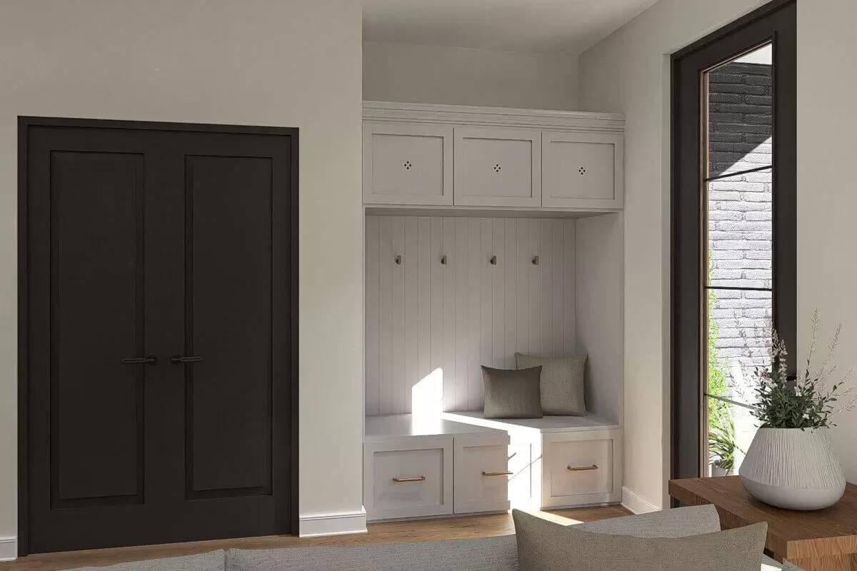 Pause at the Mudroom Bench with Its Classic Craftsman Touch