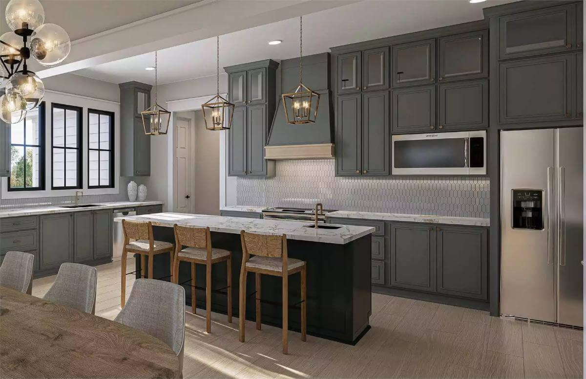 Wow, Check Out the Sleek Cabinetry and Pendant Lighting in This Craftsman Kitchen