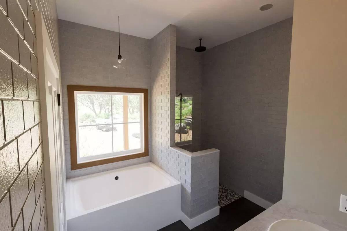 Explore This Minimalist Bathroom with Its Walk-In Shower and Picture Window