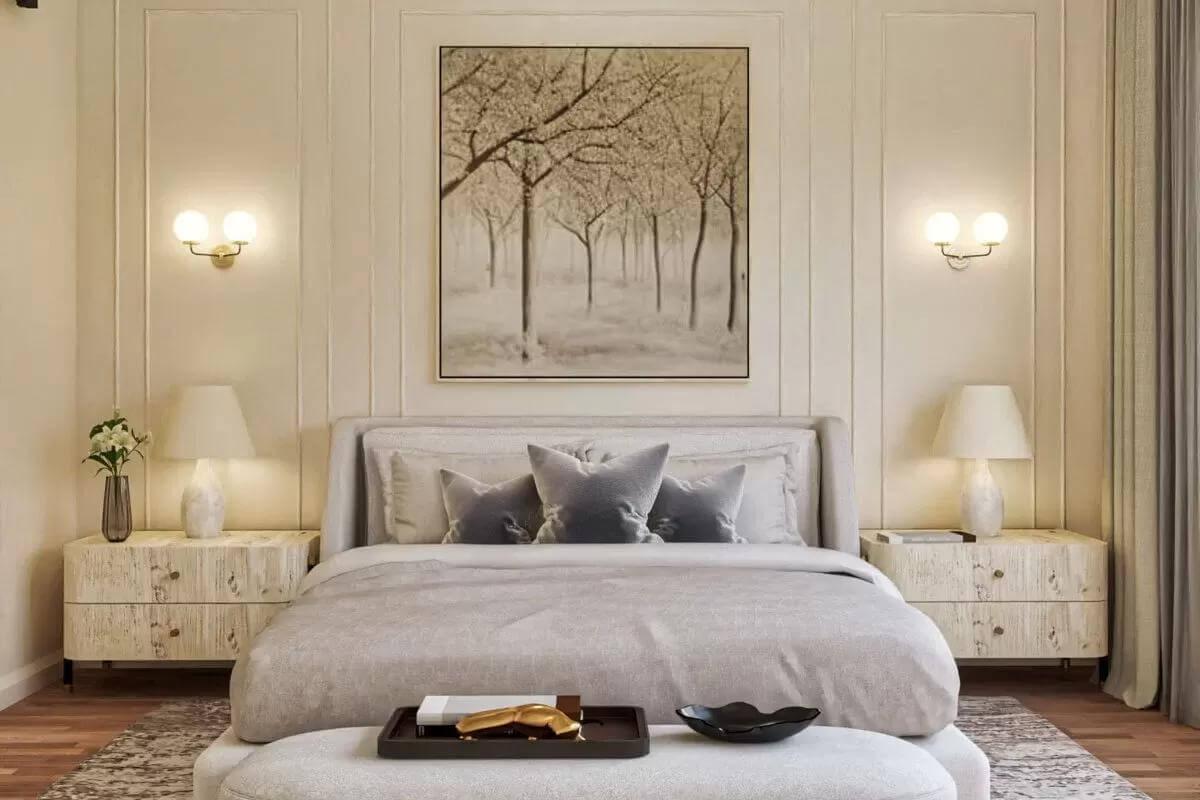 Serene Bedroom with Minimalist Art and Natural Textures