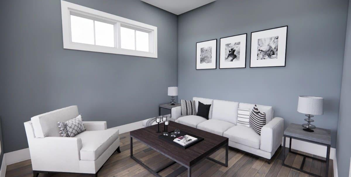 Sleek Living Room Features a Soothing Blue Palette and Minimalist Decor