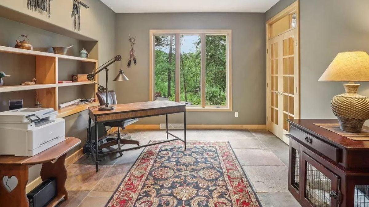 Rustic Home Office with a Pop of Colorful Rug