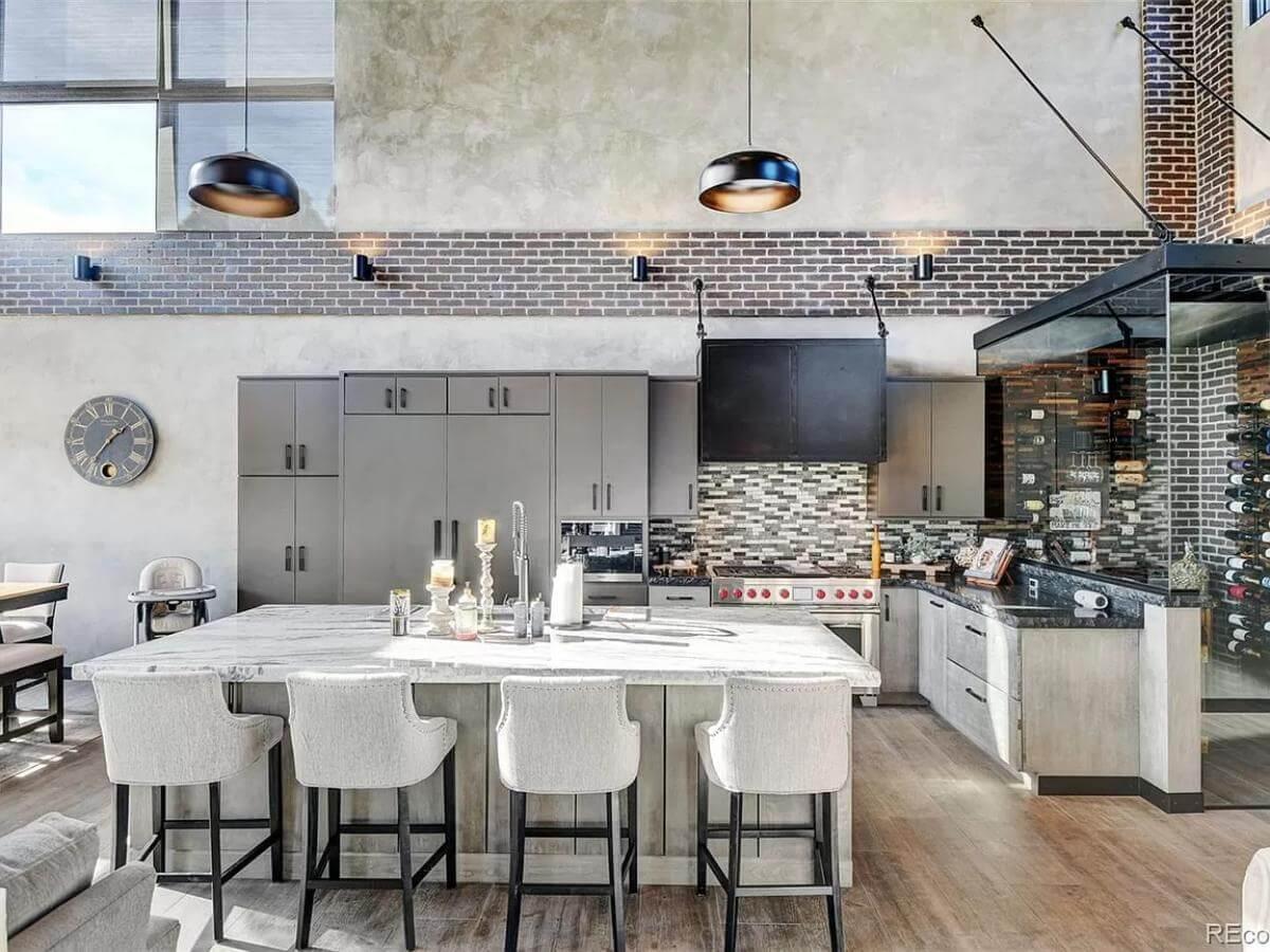Industrial Kitchen with Dramatic Brickwork and Huge Island