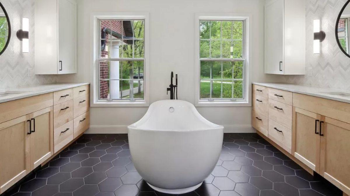 Freestanding Tub as the Focal Point in a Dual Vanity Bathroom
