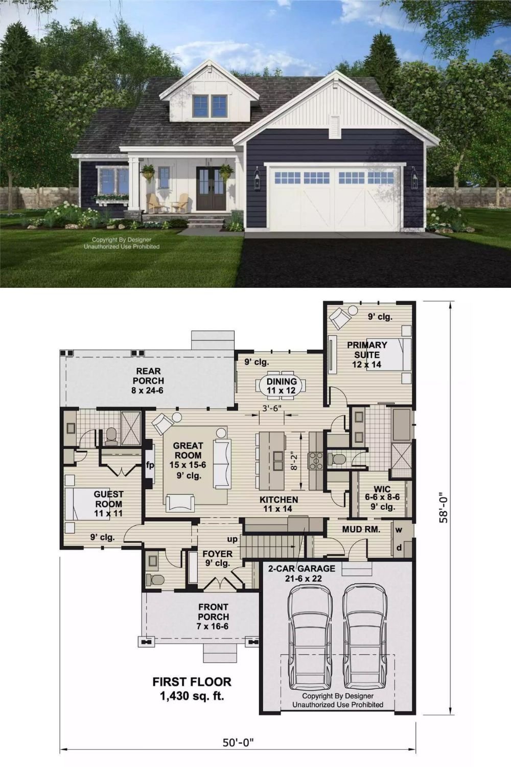 This country-style home presents a welcoming façade with its classic gabled rooflines, crisp contrasting siding, and charming front porch. The combination of vertical and horizontal siding gives the exterior a modern twist on traditional design, while the dormer window adds architectural interest and enhances natural light on the upper level. A front-facing two-car garage completes the balanced and functional curb appeal.