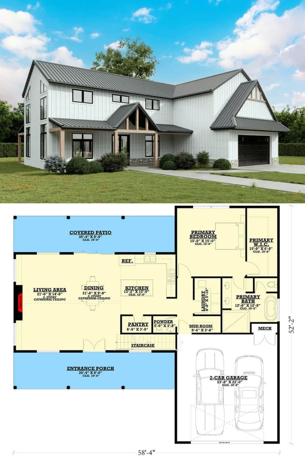 This barndominium farmhouse blends rustic charm with contemporary style through its clean lines, metal roof, and sleek vertical siding. The symmetrical roof pitches and mix of textures—metal, wood accents, and stone skirting—create visual contrast and architectural interest. A welcoming front entry is framed by exposed timber beams beneath a gabled porch, complementing the large windows that allow natural light to pour into the home.