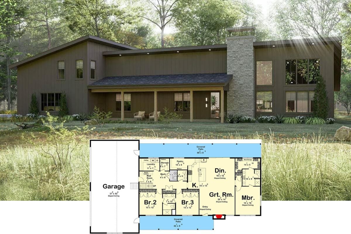 4-Bedroom Contemporary Barndominium with 4-Car Garage and Covered Patios (Floor Plan)