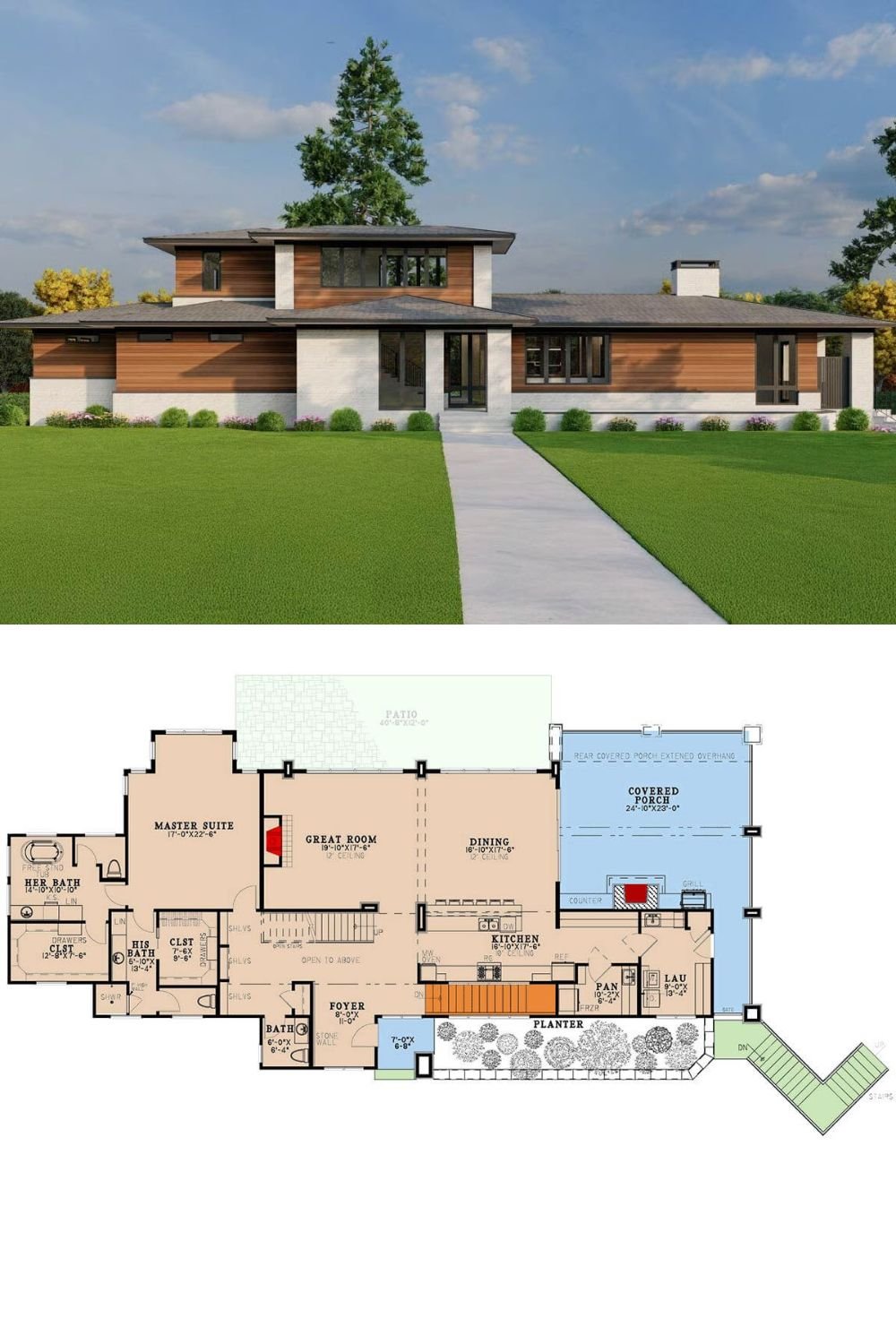 This contemporary Mediterranean residence showcases a striking fusion of clean lines, earthy textures, and elevated design elements. Its exterior features a harmonious mix of white stone and horizontal wood siding, enhanced by a modern low-pitched roofline and expansive black-framed windows. A sleek walkway leads to the glass front door beneath a modest gabled entry, creating a bold yet welcoming curb appeal.