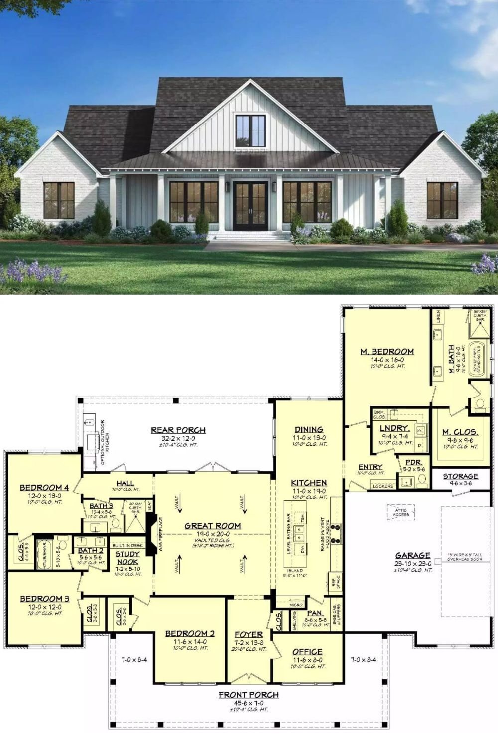 This modern country-style home showcases a harmonious blend of board and batten siding with painted brick, giving it a timeless and welcoming appearance. The steep gabled rooflines draw attention to the symmetrical structure, while the expansive covered front porch, centered with double front doors and flanked by large black-framed windows, adds character and functionality to the design.