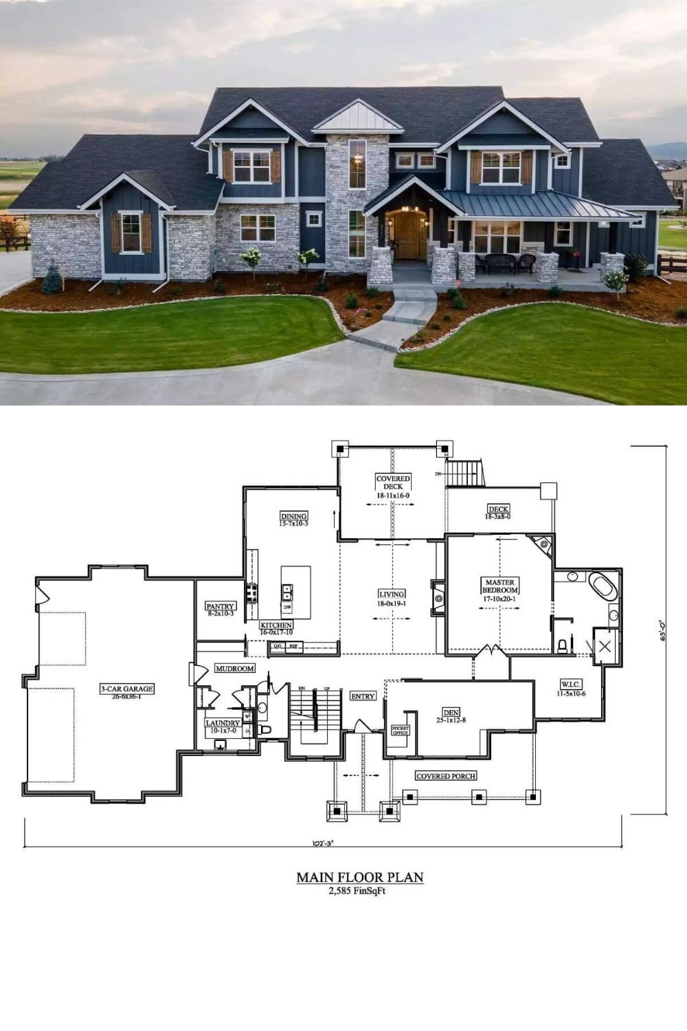 This craftsman-style home blends rustic stonework with rich vertical siding and board-and-batten accents, creating a balanced, contemporary mountain lodge aesthetic. Wooden shutters and timber supports enhance its inviting façade, while multiple gables and dormers provide depth and architectural character. The front porch is framed by thick stone pillars and metal roofing, offering a cozy, sheltered space to relax while maintaining strong curb appeal.
