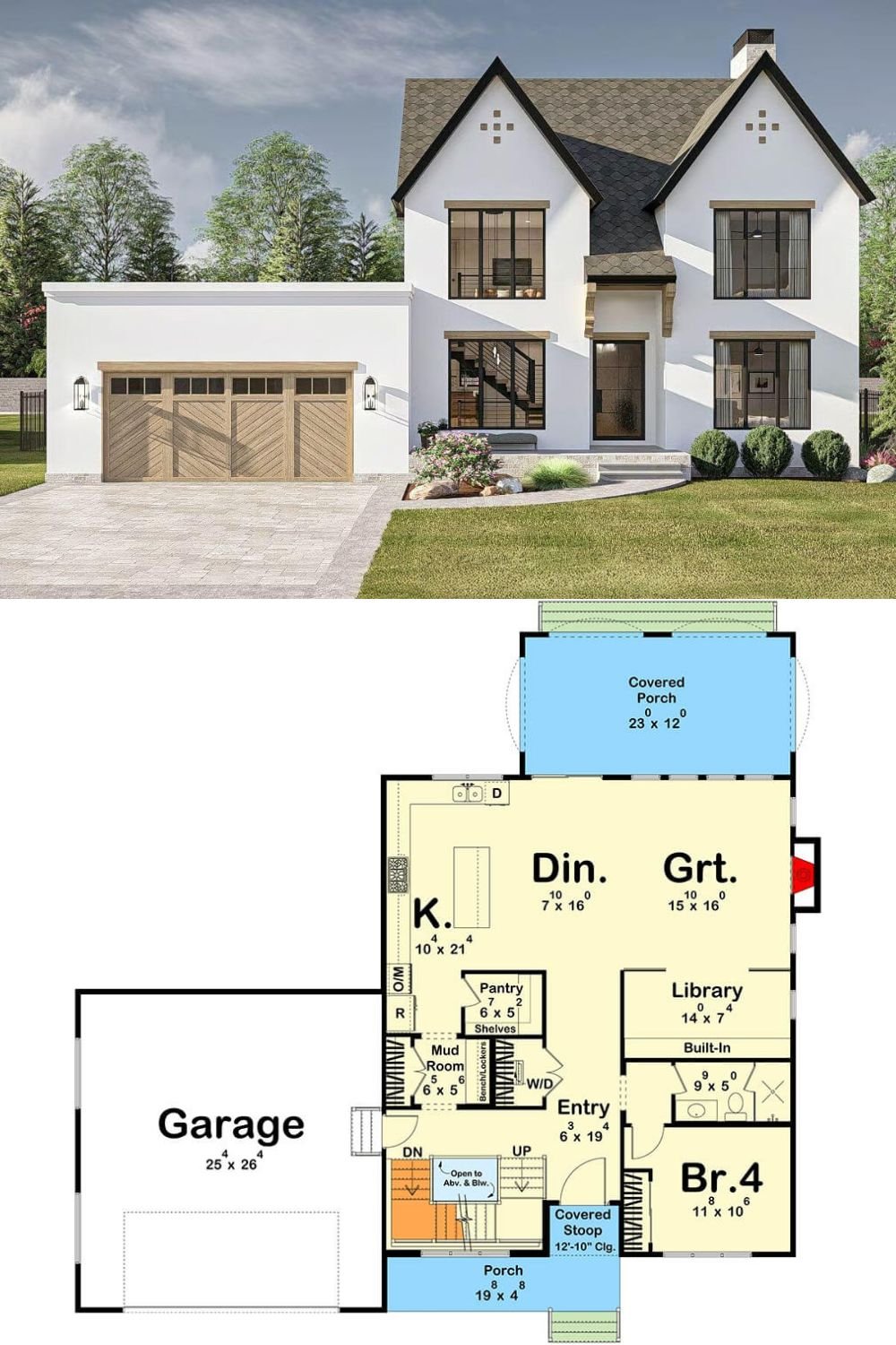 This modern European-style home features a clean exterior with white stucco walls accented by natural wood trim and warm-toned wooden garage doors. Steep gable roofs with charcoal shingles and stylish black-framed windows add a contemporary flair while maintaining timeless charm. The entryway is slightly recessed beneath a modest roof extension, offering a welcoming and balanced façade.