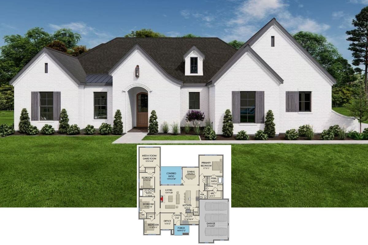 4-Bedroom French Country Home with Covered Patio and Open-Concept Living (Floor Plan)