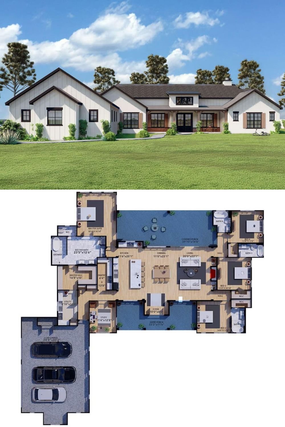 This modern farmhouse design features a striking blend of rustic charm and contemporary styling. The symmetrical front façade is anchored by a wide central porch, which is framed by slender columns. Dark-framed windows provide contrast against the light board and batten siding, while wood-toned shutters and accent trim lend warmth and balance. Multiple rooflines and a front dormer enhance the architectural depth of the structure.