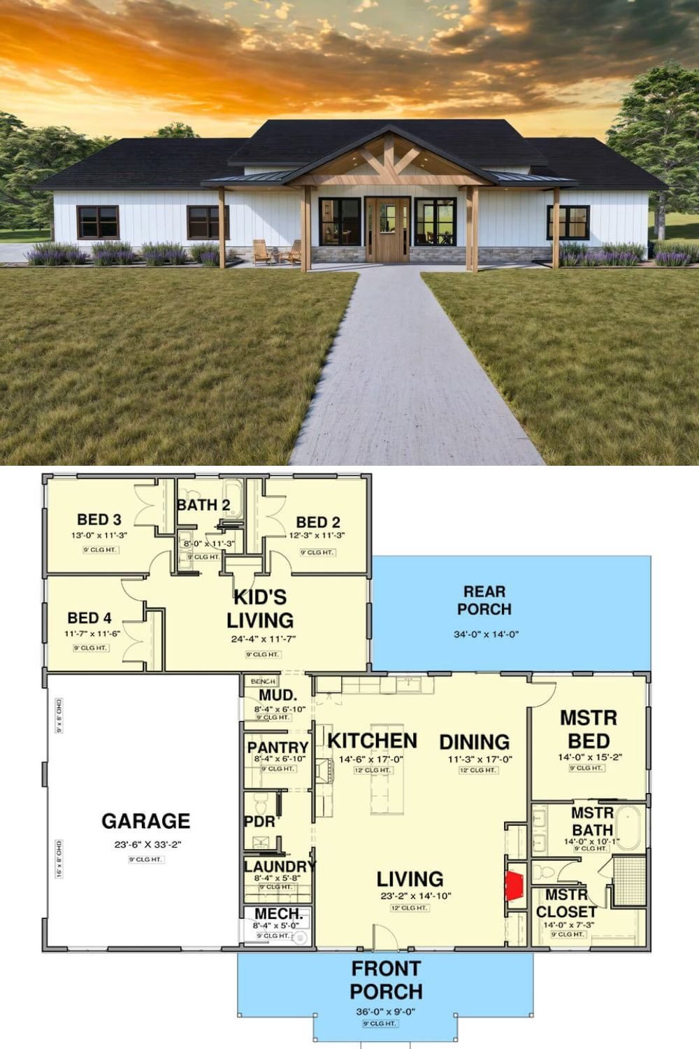 This modern farmhouse ranch features a clean and inviting exterior with white vertical siding, a natural wood front entry, and a welcoming gabled porch supported by exposed timber posts. The dark roof and trim offer contrast, while stone skirting grounds the design in a rustic, earthy character. The symmetrical layout and expansive covered porch create a balanced and timeless façade.