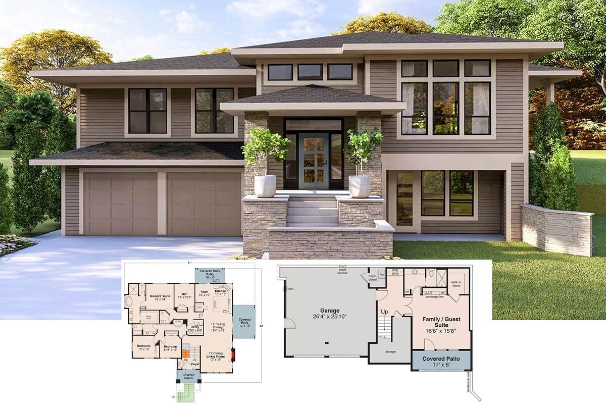 4-Bedroom Modern-Style Home for a Front-Sloping Lot with In-Law Suite (Floor Plan)