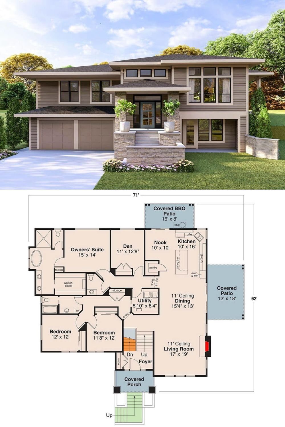 This modern two-level residence presents a bold, geometric façade with clean lines, flat eaves, and expansive window groupings that emphasize natural light and architectural symmetry. The exterior showcases a refined blend of horizontal siding and stacked stone elements that frame the front entryway and raised porch. The symmetrical layout and neatly framed windows create a contemporary, upscale curb appeal, anchored by a two-car garage seamlessly integrated into the lower level. A central staircase leads to a sheltered entry flanked by planters, adding a welcoming touch to the sophisticated design.