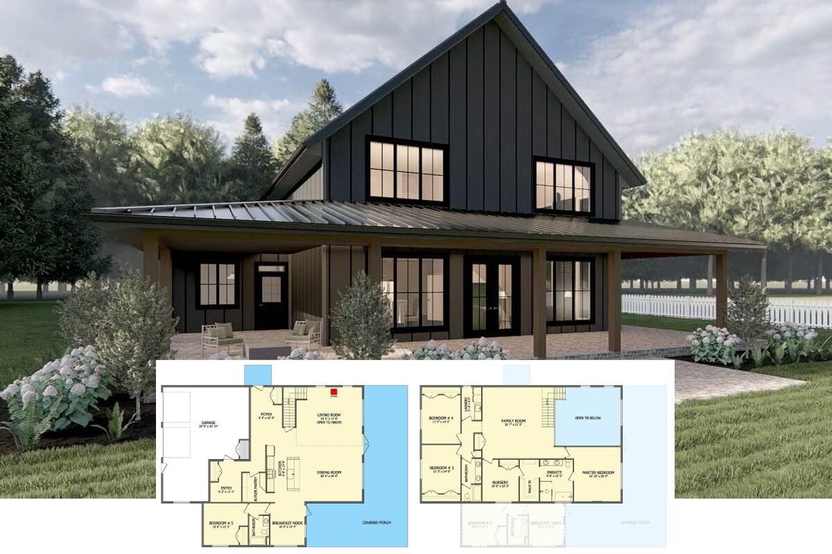 New American-Style 4-Bedroom Home with Loft and Wraparound Porch (Floor Plan)