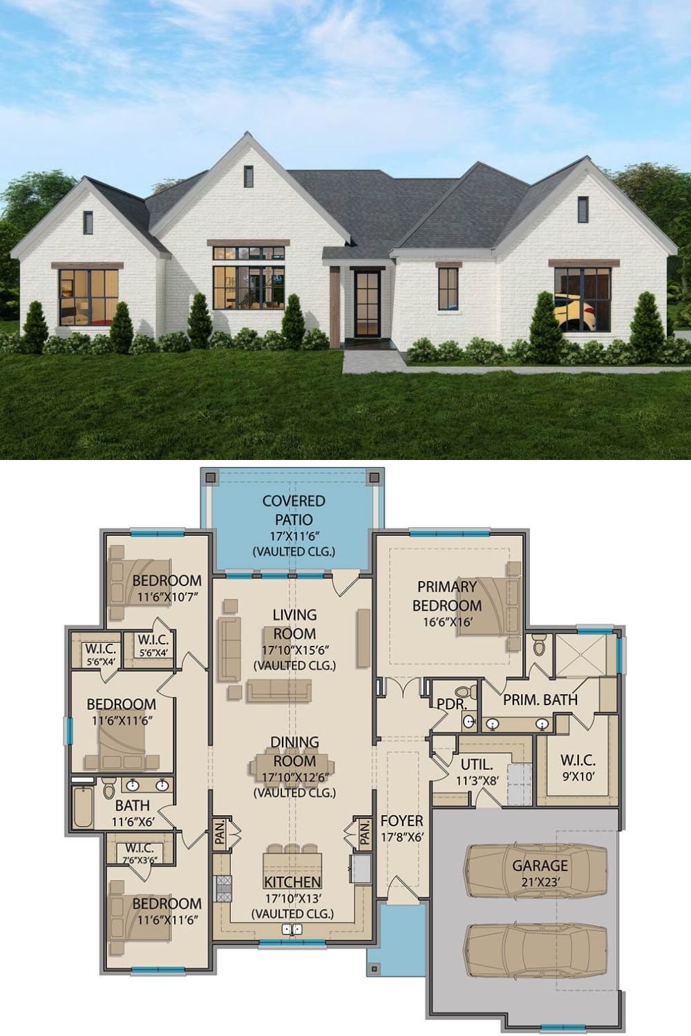 This transitional-style home presents a clean, sophisticated exterior with light-toned brick, steep rooflines, and black-trimmed windows that provide strong contrast and modern flair. A series of gables adds architectural interest and symmetry to the façade, while wood accents above the windows bring warmth to the crisp color palette.