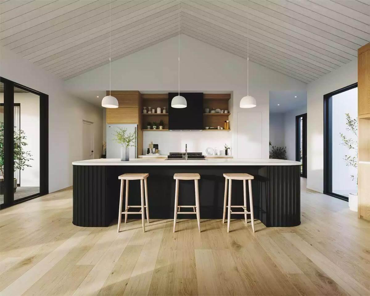 Sleek Kitchen with a Minimalist Island and Pendant Lighting