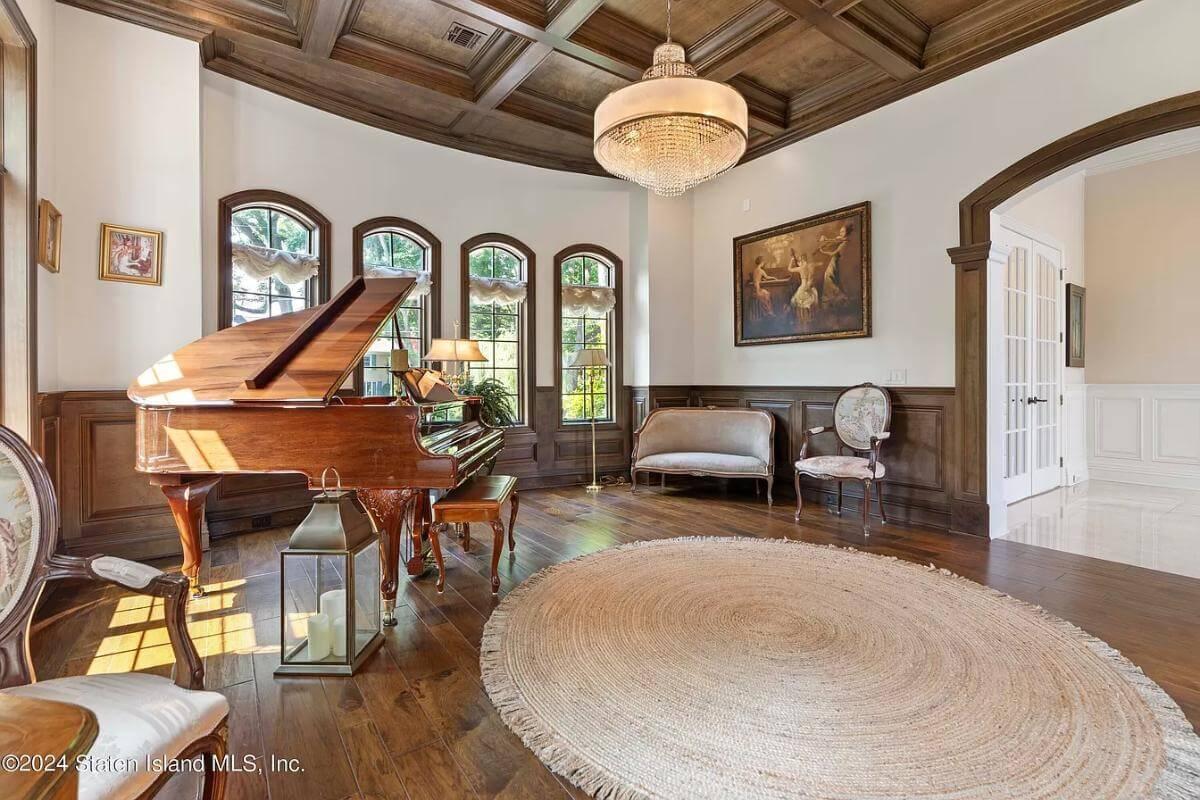 Notice the Grand Piano and Crystal Chandelier in This Elegant Music Room