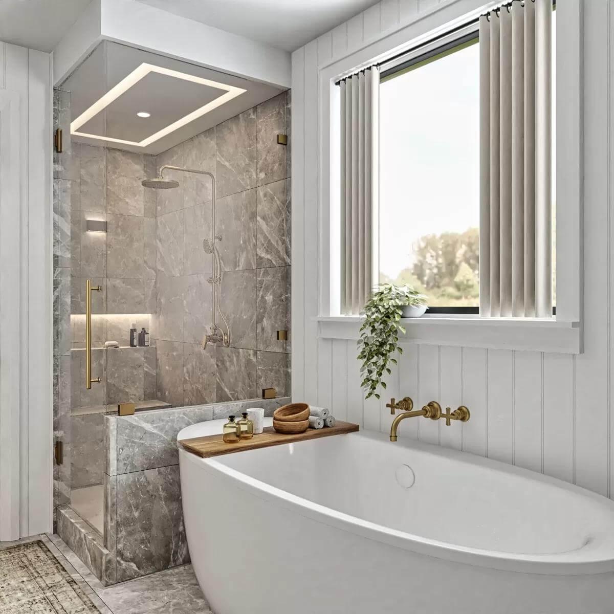Freestanding Tub Meets Luxe Brass in a Modern Bath
