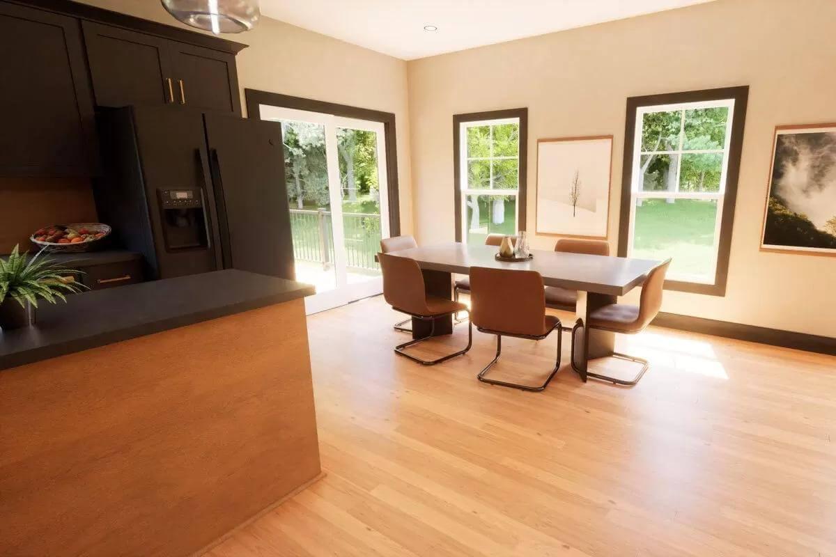 Dining Area with Chic Black Accents and Nature Views