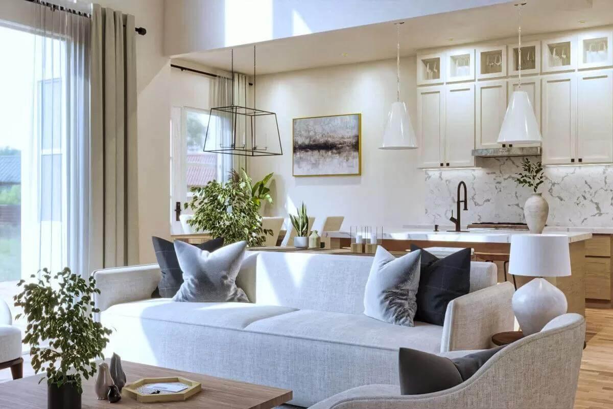 Open-Concept Living Space with Elegant Lighting Fixtures