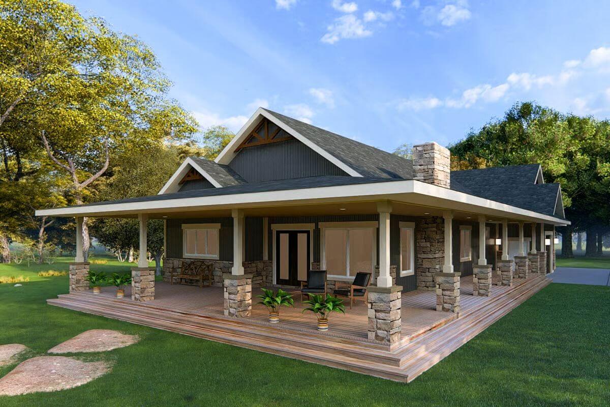 2-Bedroom Mountain-Style Home for a Narrow Lot with Wraparound Porch (Floor Plan)