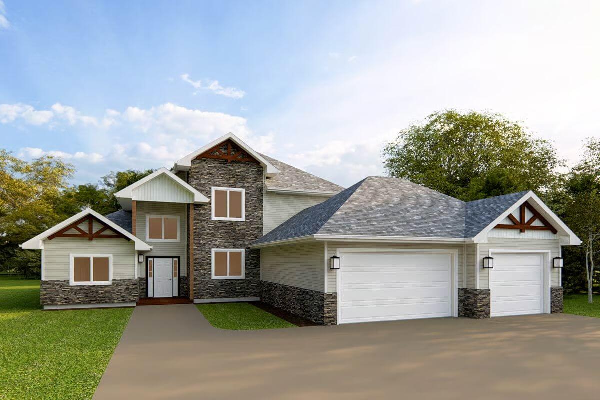 Craftsman-Style 5-Bedroom Home with Balcony and 3-Car Garage (Floor Plan)