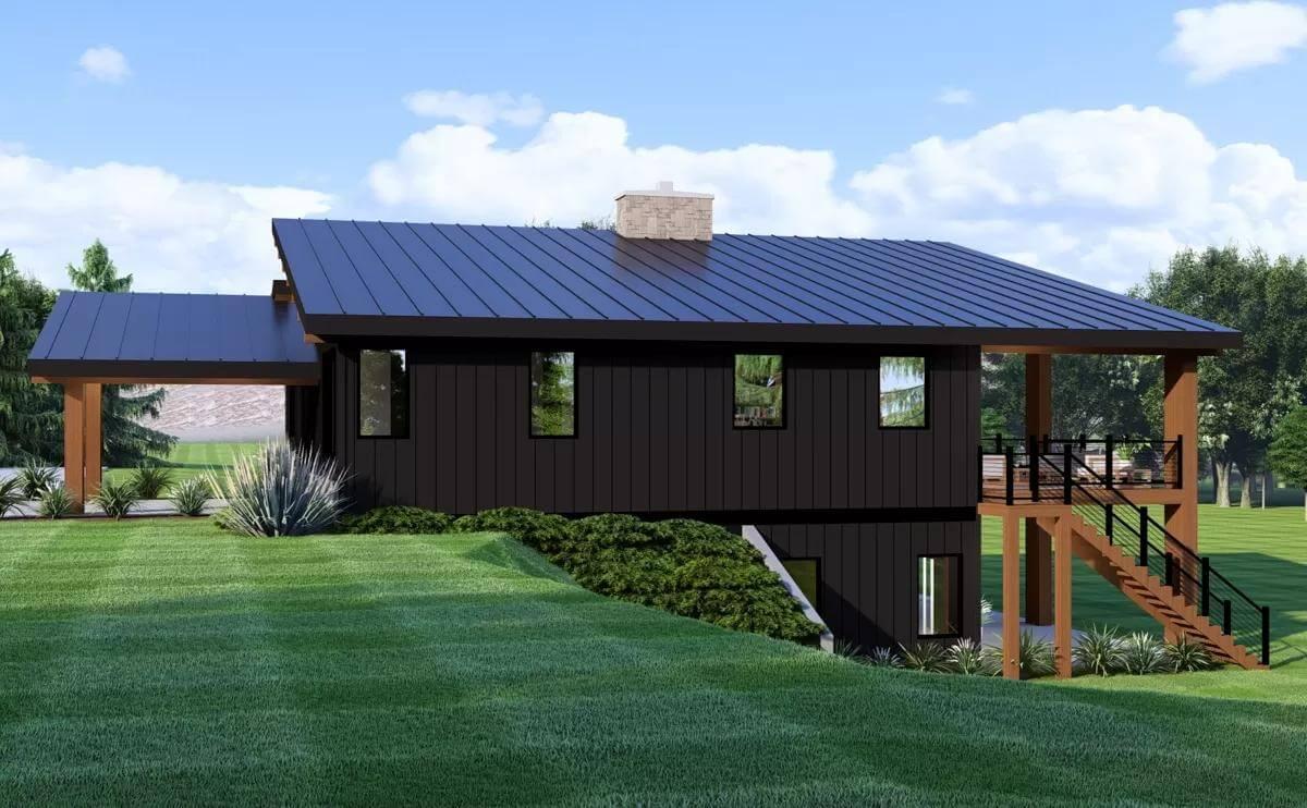 Notice the Striking Black Paneling and Sloped Metal Roof