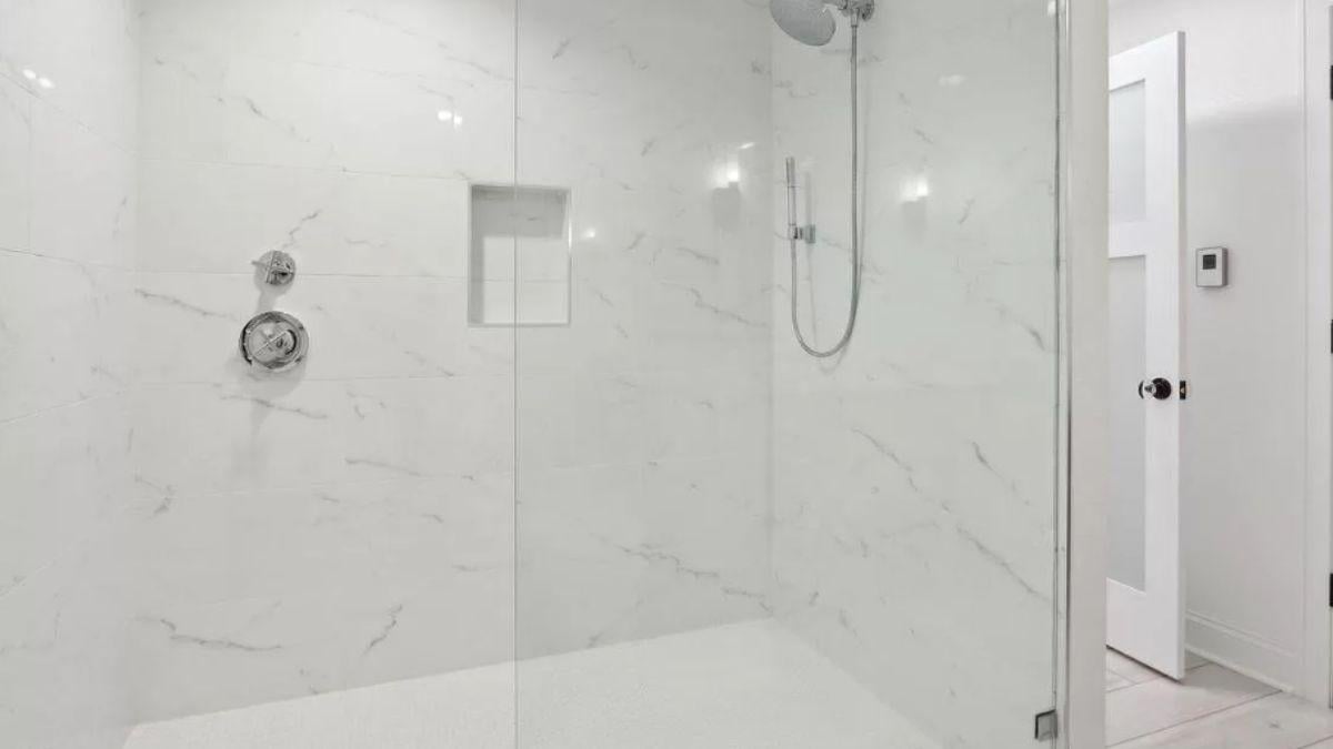 Check Out This Sleek Shower with Marble-Look Tiles