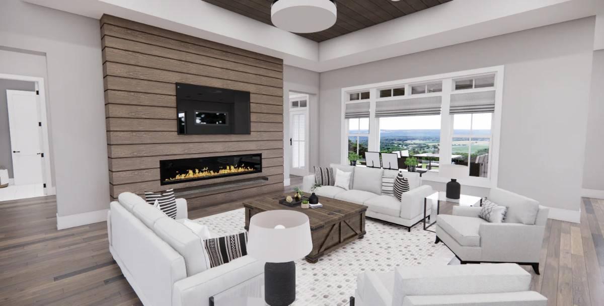 Contemporary Great Room with a Linear Fireplace and Expansive Views