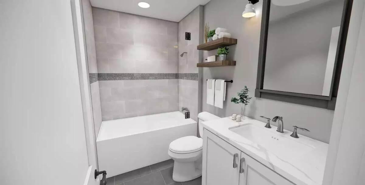 Spot the Subtle Contrast in This Sleek Bathroom with Floating Shelves