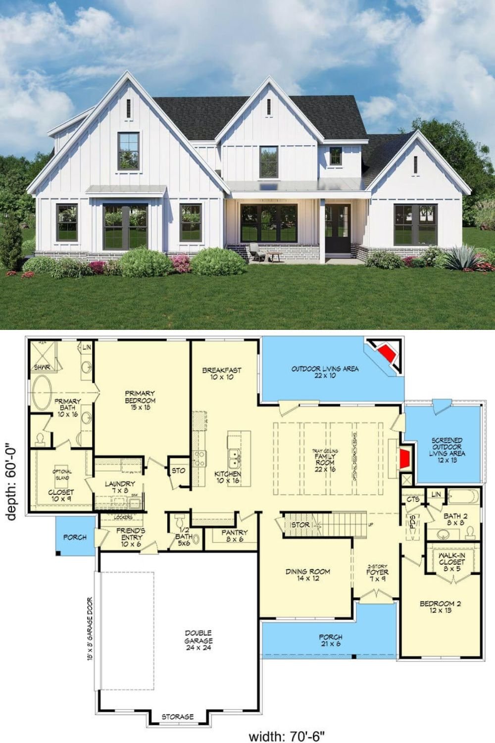 This modern farmhouse design blends classic charm with contemporary simplicity. Its board-and-batten white siding, crisp black window frames, and gabled rooflines create a striking yet inviting façade. Subtle brick accents along the foundation and front porch enhance its rustic elegance, while a welcoming covered entry offers a cozy spot to enjoy the surroundings.