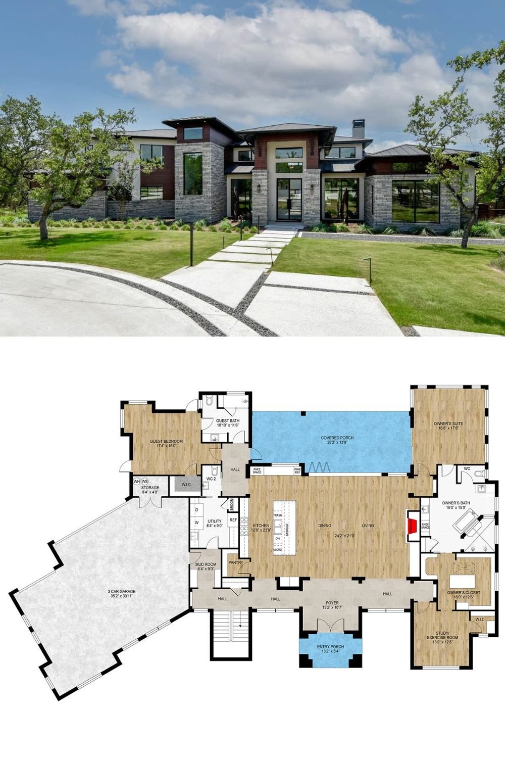 This modern home commands attention with a bold and sculptural exterior, defined by a mix of stone cladding, dark horizontal siding, and expansive glass panes. A soaring central entrance framed by tall columns and a flat roof canopy offers a dramatic sense of arrival. The architecture showcases strong geometric lines, varied roof heights, and large windows that flood the interiors with natural light, creating a seamless connection between indoor and outdoor spaces.