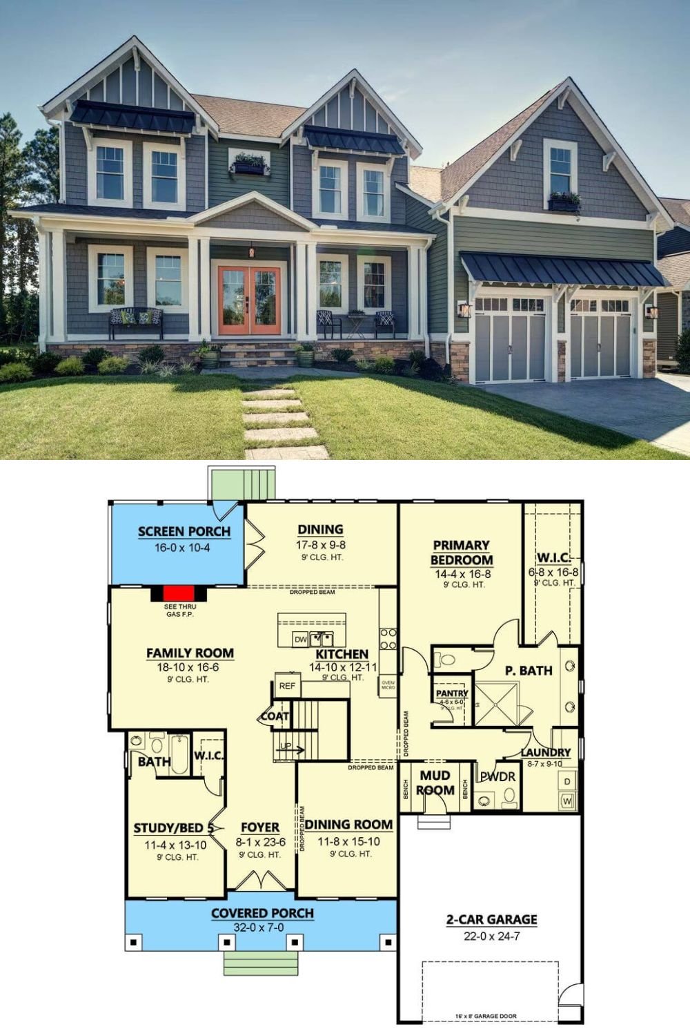 This New American-style home makes a bold and welcoming statement with its striking two-tone exterior clad in board-and-batten siding and cedar shake accents. The harmonious blend of deep green-gray hues with crisp white trim delivers curb appeal, while the symmetrical gables and dormers add architectural dimension. A covered front porch framed by double columns highlights the warm, craftsman-style double door entry painted in a pop of orange-red. Metal roof accents over the windows and garage add a contemporary edge.