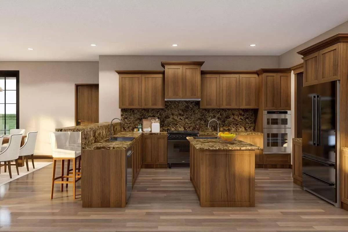 Step into This Wood-Accented Kitchen with Granite Countertops