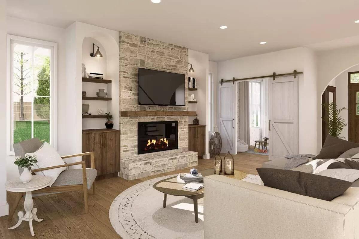 Rustic Stone Fireplace as the Heart of This Living Room