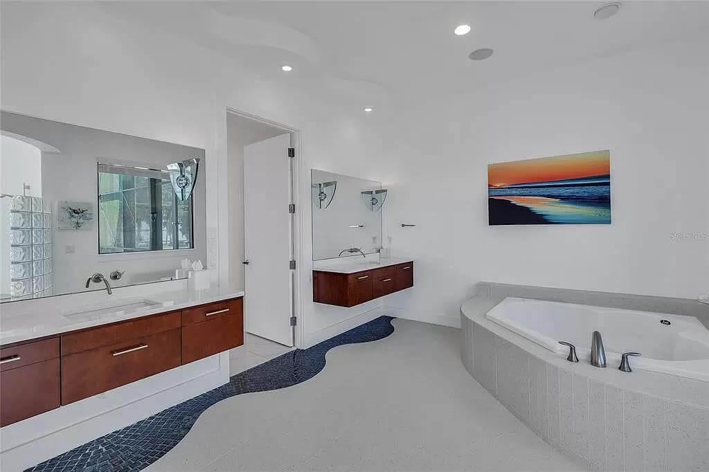 Luxurious Bathroom with Unique Wave-Tiled Flooring