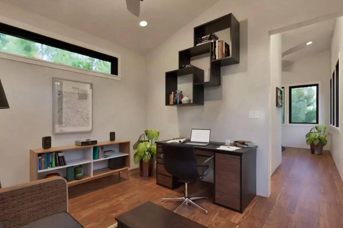 Sleek Home Office with Geometric Shelves for a Stylish Touch