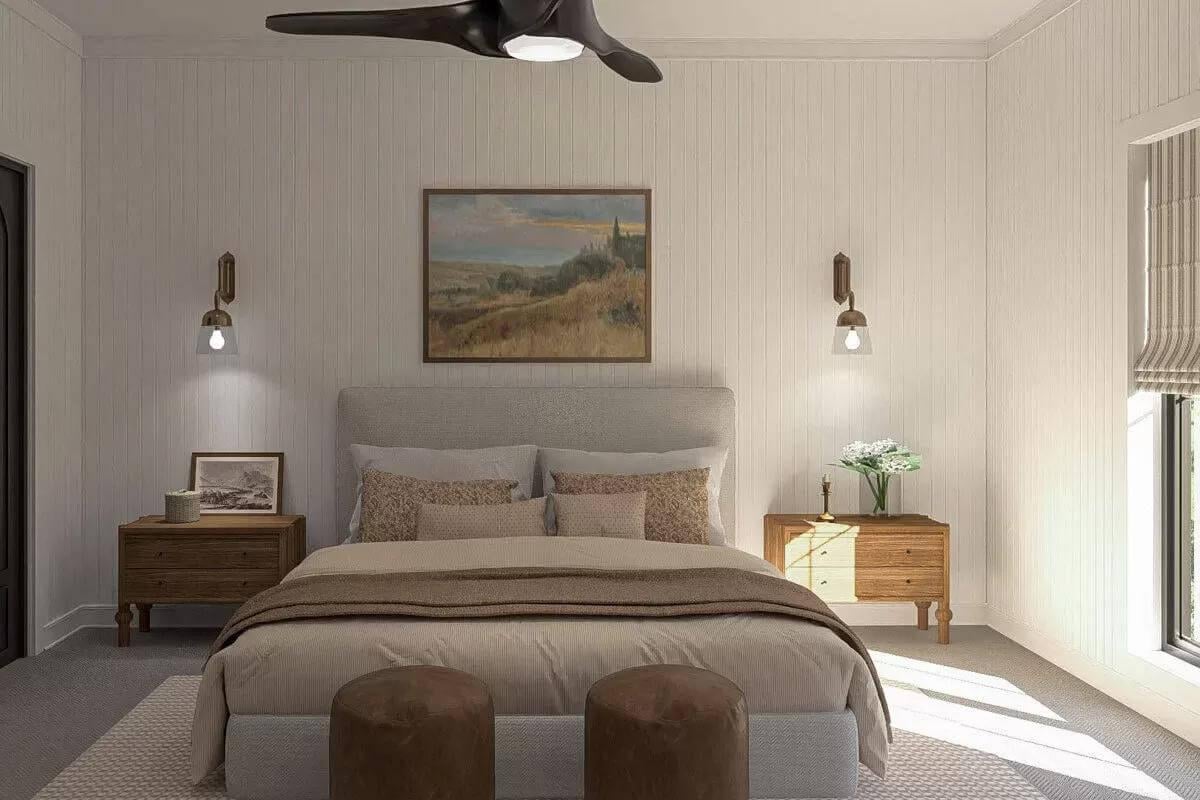 Tranquil Bedroom with Panel Walls and Thoughtful Lighting