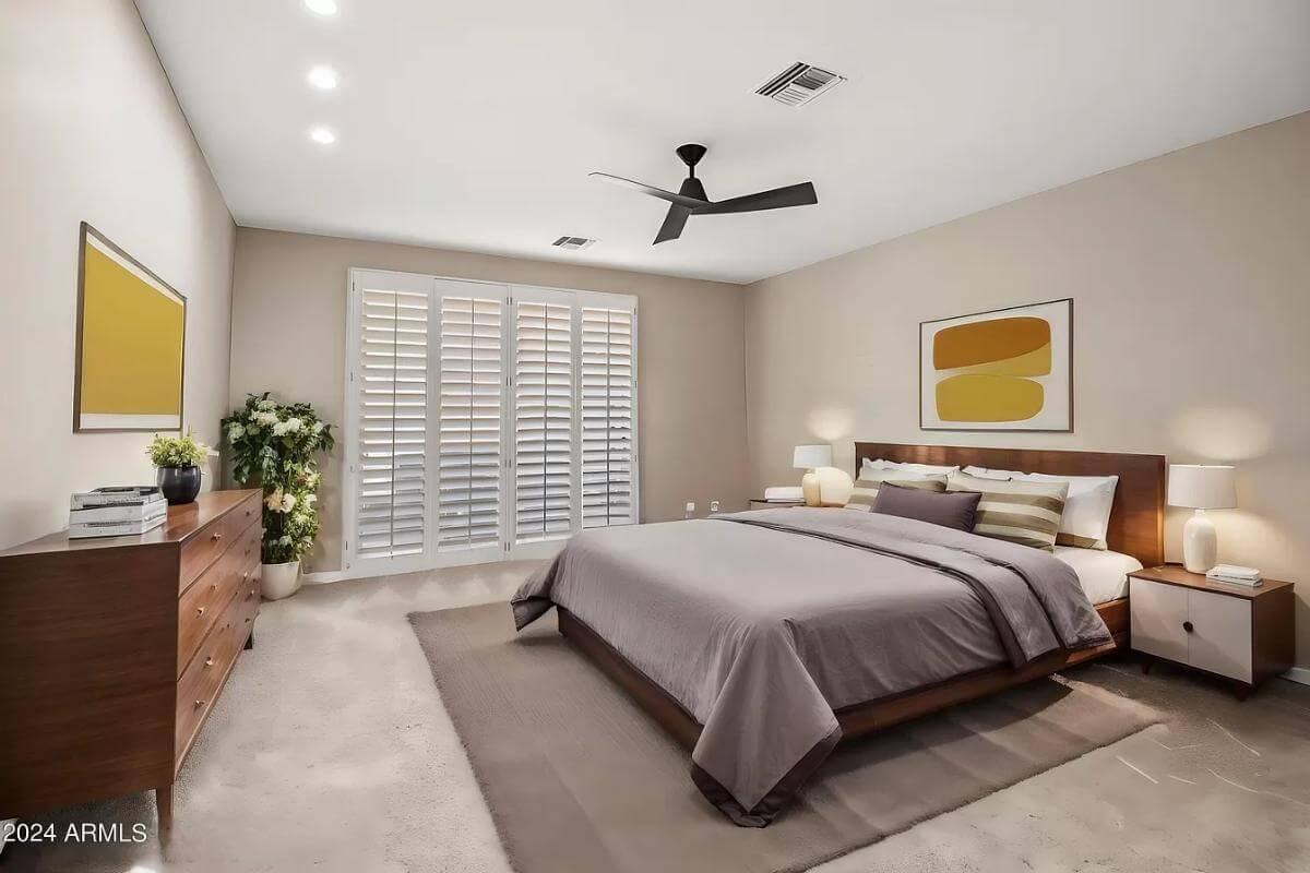 Mid-Century Modern Bedroom with Eye-Catching Ceiling Fan