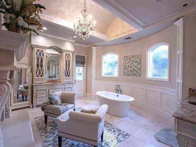 Wow, Look at the Freestanding Tub and Crystal Chandelier in This Luxurious Bathroom