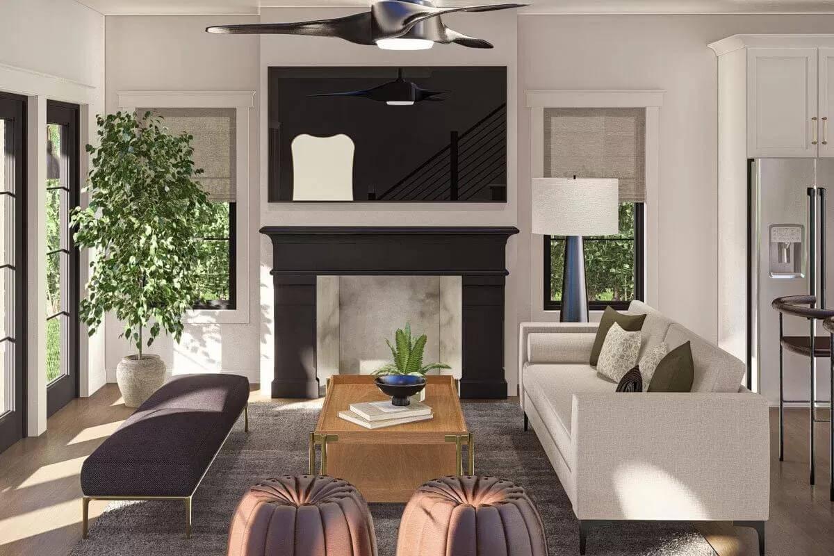 Cozy Living Room with Bold Black Fireplace
