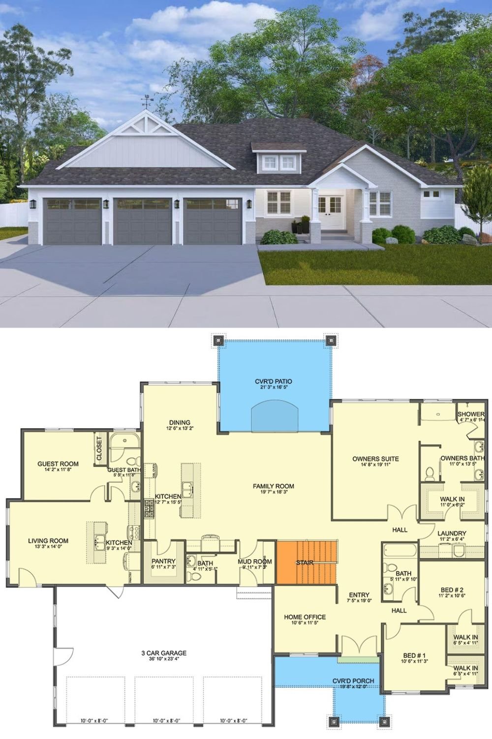 This New American ranch-style home presents a clean and modern exterior with traditional undertones. A large gabled roofline with decorative trusses and a trio of carriage-style garage doors sets a stately tone across the wide façade. The entryway, framed by white pillars and a covered porch, offers a warm welcome, while symmetrical windows with shutters and a dormer above add charm and visual balance.