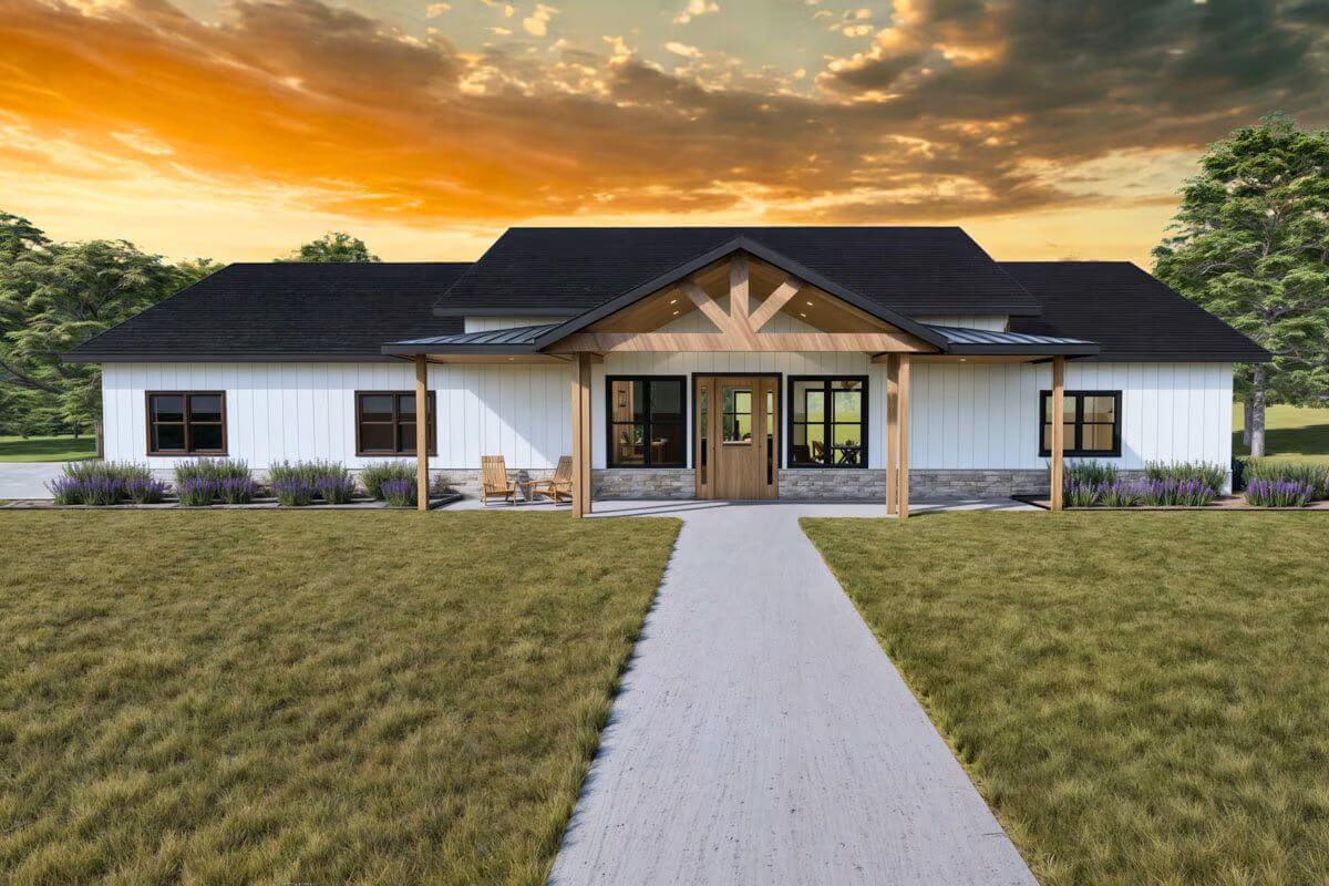 Modern Farmhouse 4-Bedroom Ranch with Front Porch and 3-Car Garage (Floor Plan)