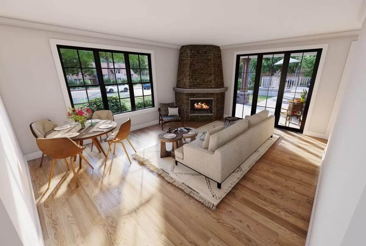 Living Room with Stone Fireplace and Garden Views